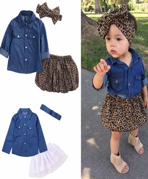 

ins kids girl clothing sets denim t shirt leopard short headband sets little girl t shirt clothing set style pleuche sets8207900, White