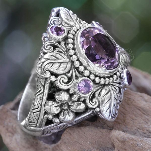 

luxury amethyst ring women european and american retro imitation thai silver tree leaf flower ring