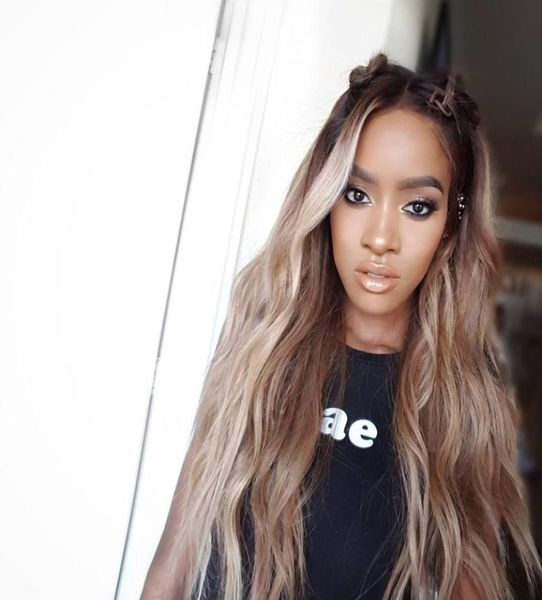

ash blonde ombre 1b18 lace front wig black hair roots wave brazilian virgin human hair pre plucked full lace wig8033342, Black;brown