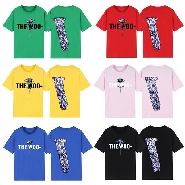 

designer streetwear men's t-shirts rose printed high street trendy brand vlones big men women short sleeve hip hop style t-shirt casual, White;black