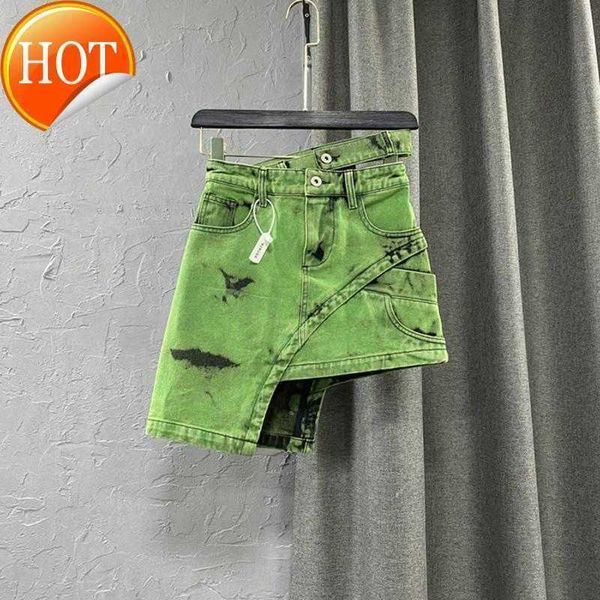 

summer skirts fashion irregular green tie dye denim skirt women high waist a-line short girls asymmetrical skirtskirts, Black