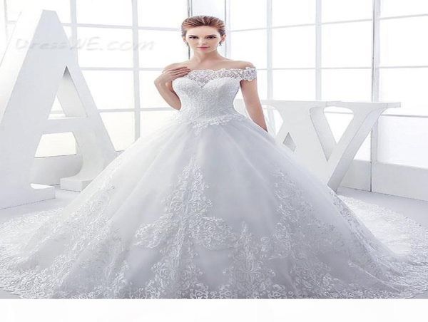 

2021 vintage lace appliques off shoulder wedding dress laceup chapel train arabic ball gown bridal gowns white ivory custom made 6061430