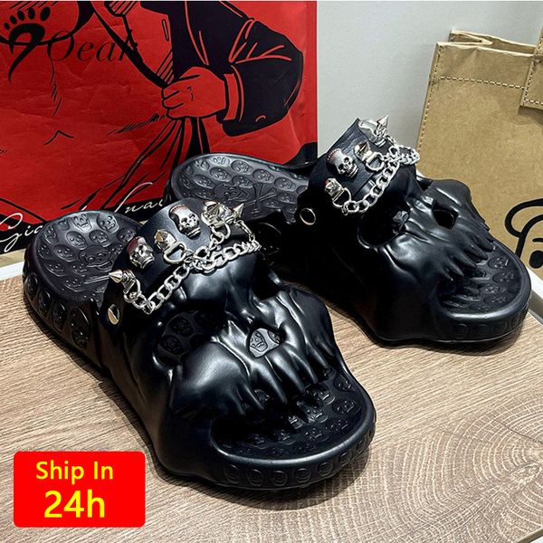 

slippers personalized skull design men slippers summer outdoor fun slides thick bottom of beach non-slip leisure women sandals 230703, Black