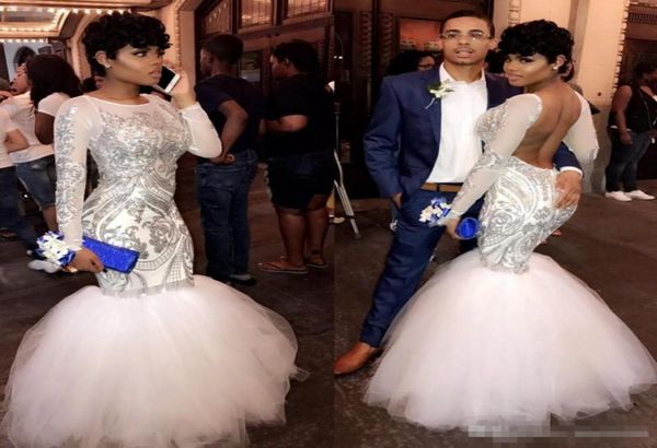 

2019 custom made white mermaid prom dresses silver applique backless long sleeves backless formal evening party gowns6157717, Black