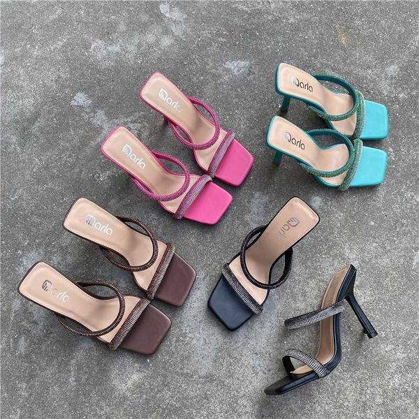 

water diamond women's slim one line open toe sandals summer outwear fairy style high heels, Black