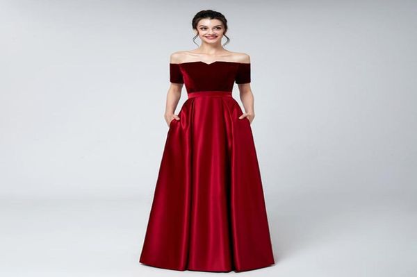 

2019 real red velvet evening dresses plus size off shoulder short sleeves bateau neck satin floor length formal evening prom party3882047, Black;red