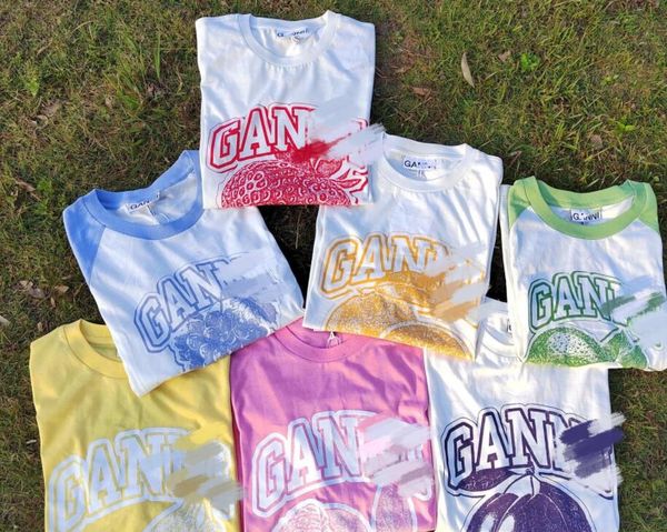 

ganni womens t shirt designer shirts beach versatile fruit print loose fashion women's set short sleeve t shirt for, White