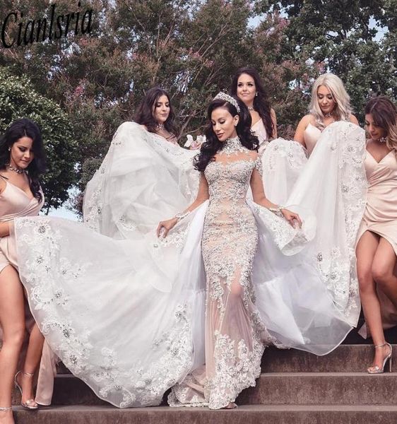 

luxurious rhinestone crystal wedding dress high neck beads applique long sleeves mermaid bridal dresses gorgeous dubai wedding gow3678000, White