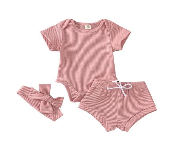 

3pcs fashion new baby girls clothes newborn baby solid short sleeve bodysuits shorts headband set infant toddler outfits 13t5979169, White