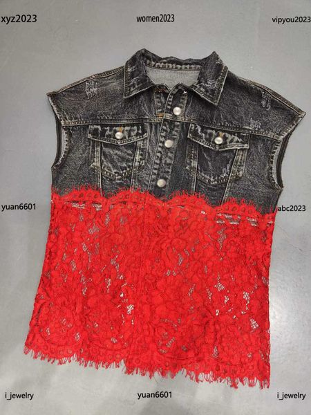 

designer women denim jacket denim lace panel design girl vest size s-xl fashion lady sleeveless lapel coat july03, Black;white