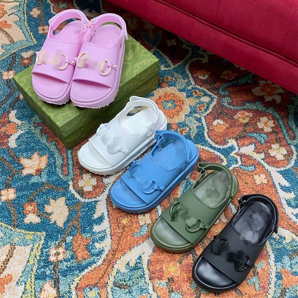 

2023 jelly cream sandals designer platform slippers women men flat slides rubber sole flip flops g double metal buckle sandal hook & loop ou, Black