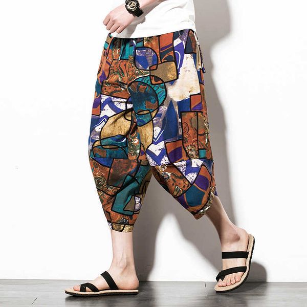 

chinese style summer men's wide legged beach pants loose size capris thailand lantern, White;black