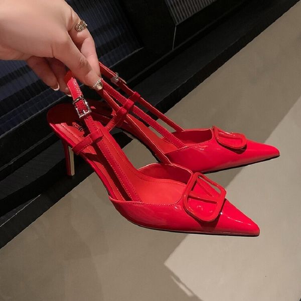 

slippers petite girl high heeled sandal's leather pointed thin heels versatile fashion metal buckle summer sandals 230703, Black