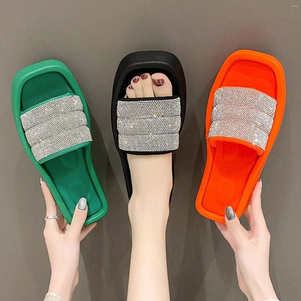 

slippers summer fashionable beach shoes slotted heels water diamond square head matsuke thick sole, Black