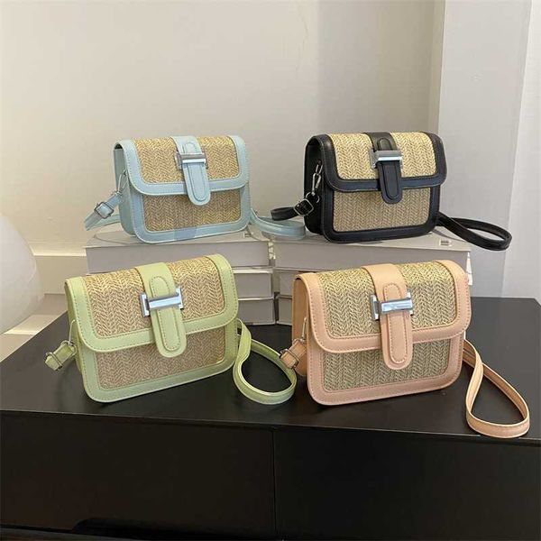 

evening bags simple and casual small square bag new contrasting color drawstring flap woven straw westernized splicing beach 230704