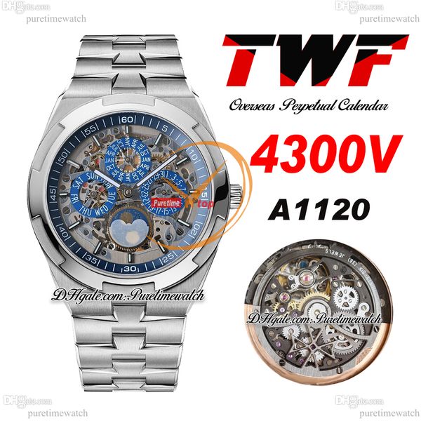 

twf overseas perpetual calendar moonphase 4300v a1120 automatic mens watch blue skeleton dial stainless steel bracelet super version edition, Slivery;brown