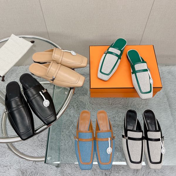 

luxury designer designer shoes female slippers dress shoes cowhide fashion luxury flat heel square head splicing sandals outdoor stirrup laz, Black