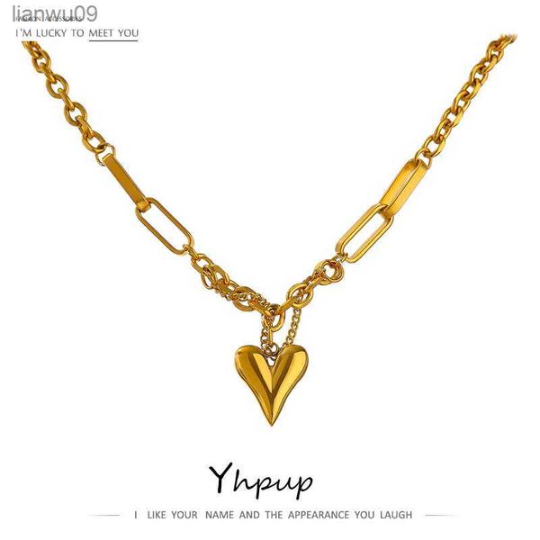 

yhpup romantic heart pendant necklace for women stainless steel 18 k metal texture choker necklace anniversary l230704, Silver