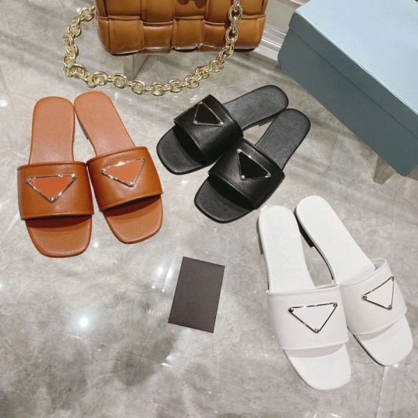 

with box designer beach scuffs classic flat woman slipper summer lady slide triangle mark slippers brushed leather women slides no, Black