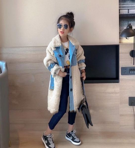 

fashion kids faux fur splicing denim coat girls fleece denim long outwear children fleece thicken warm coat designer kids clothing5998227, Blue;gray