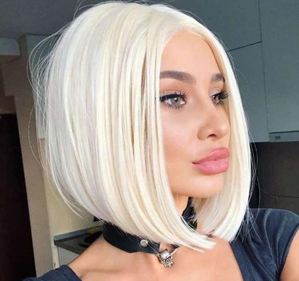 

fantastic blonde white wig short bob silky straight synthetic fiber wig half hand tied lace front wig for women6333083, Black