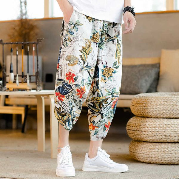 

men's cotton and linen chinoiserie capris with drawstring printing casual pants summer oversize, White;black