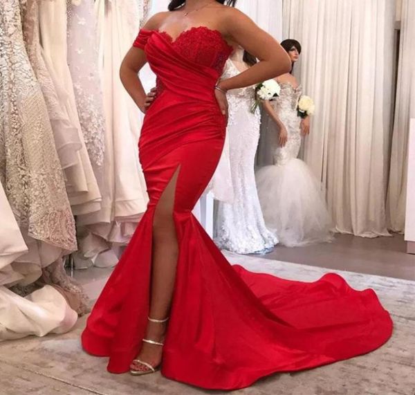 

high side split long sweep mermaid evening dresses with applique ruched one shoulder red prom vestidos1459094, Black;red