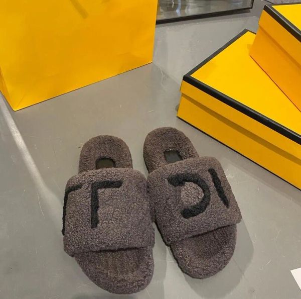 

with box luxury slide women wool sandals woman slipper shoes slides scuffs sandal designer fashion warm comfort slippers autumn winter si ge, Black