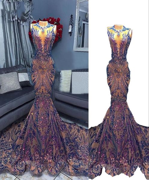 

2022 bling purple prom dresses sequined lace mermaid jewel neck illusion sparkly sleeveless sequins formal party dress plus s2369641, Black
