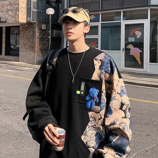 

men's hoodies hybskr streetwear contrast color bear printed men oversized autumn male pullovers patchwork o neck hoodies hkd230704, Black