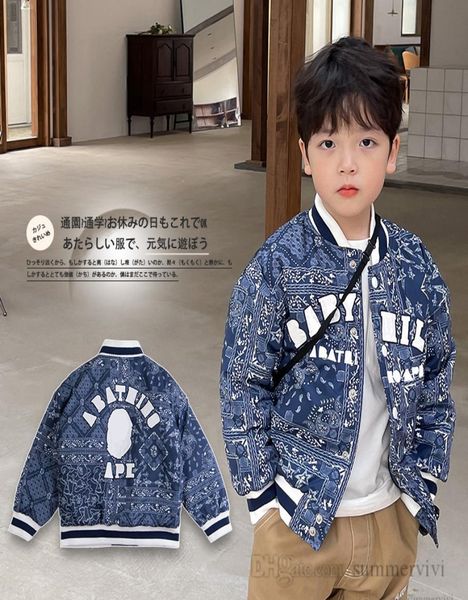 

kids cashew flowers letter printed casual coat boys stripe round collar long sleeve loose baseball uniform winter children thin co2054911, Blue;gray
