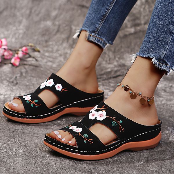 

slippers summer shoes for women fashion embroider female soft slippers outdoor open toe women's wedge slippers casual beach shoes 23070, Black