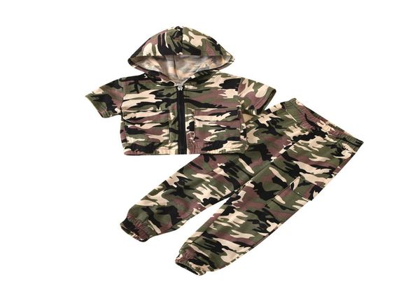 

camo zipper hooded overalls boys and girls casual sports fashion twopiece children039s short sleeved hoodie tshirt7489738, White