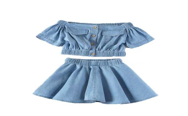 

girls clothes 2020 new fashion demim children clothing set short sleeve shirts skirt 2pcs summer toddler kids costume suits4477248, White
