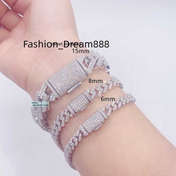 

hip hop style iced out jewelry 6mm 8mm 10mm 12mm 15mm width 925 sterling silver vvs moissanite cuban link chain bracelet