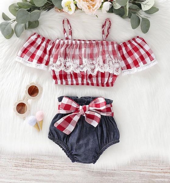 

baby girl kids summer clothing sets off shoulder red plaid shirt denim short summer girl clothing sets1601101, White