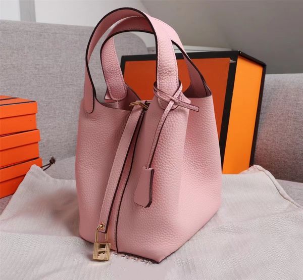 

vegetable basket bags picotin lock female genuine leather 2023 first layer cowhide handbag large capacity bucket bag brand tote luxury