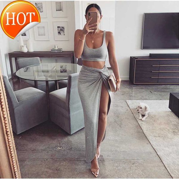 

long women skirts two piece set skirt woman high split dress suits cropped dresses 2 pieces clothes party clothing sets, White