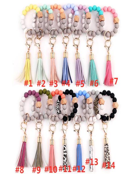 

leather tassel wood chains women ring food grade silicone bead bracelet key chain7739584, Blue