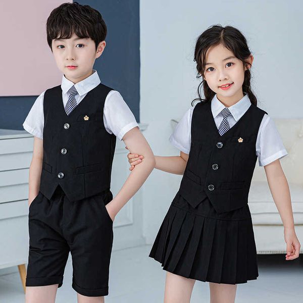 

suits summer boys and girls stage chorus performance clothing set children vest shorts/skirt tie outfit kids school uniform suit sethkd23070, Black