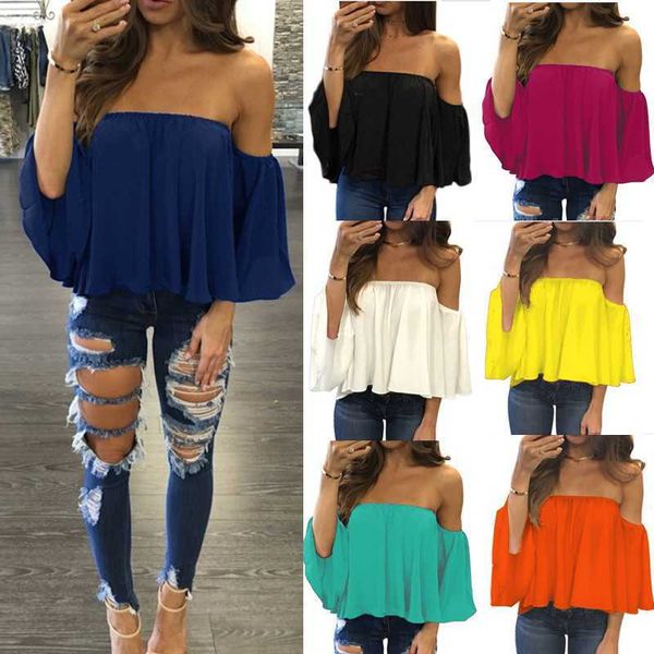 

chiffon blouse women off shoulder t shirt slash neck solid casual loose beachwear ladies women clothing, White
