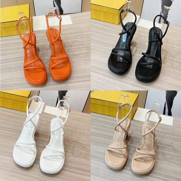 

2023 designer luxury pure color super high heels sandals womens 100% leather black/white/apricot/orange one-line strappy sandal lady chunky