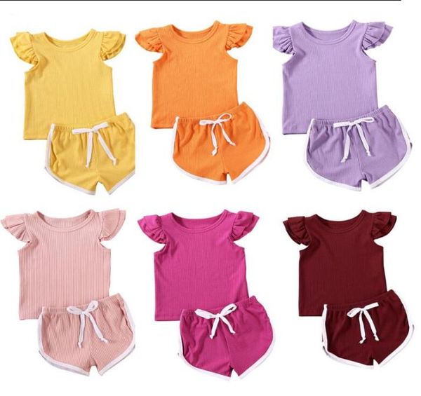 

kids designer clothes girls fly sleeve summer clothing sets candy casual pants suits knit cotton solid shorts tshirts outfit3198242, White