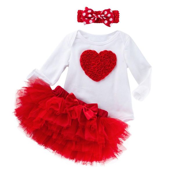 

3pcs newborn baby girls clothing with headband infant valentines day outfit red rose 3d rose flowers tutu dress with 6 layers ruff1158085, White