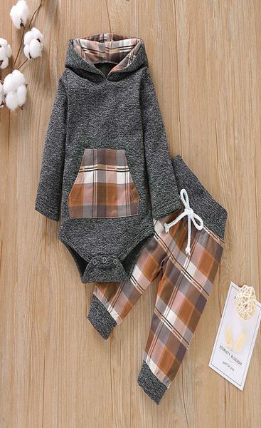 

infant boys girls children kids baby clothes set plaid hooded pullover romper bodysuit pants boutique clothes outfits tracksuit y21808591, White
