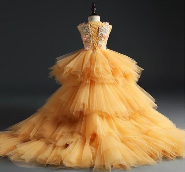 

girl039s dresses elegant long trailing flower girls dress for wedding gold tutu floral kids pageant first communion party prom8433624, Red;yellow