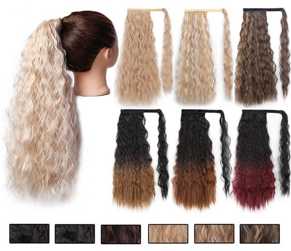 

long curly wavy ponytail synthetic hairpiece wrap on clip hair extensions ombre brown pony tail blonde fack hair 22 inches2123569, Black