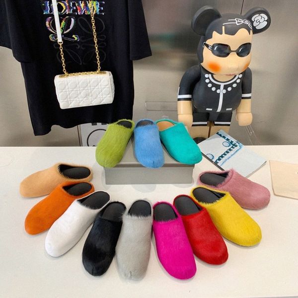 

horsehair slippers candy color fluff women slide black white blue yellow red green designer classic half slipper woman slides wool shoes h9n