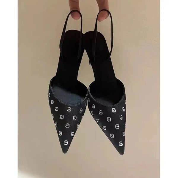 

luxury designer brand satin pointed sandals with thin heels rhinestone lettering back hollow shoes low heels high heels sandals dinner sanda, Black