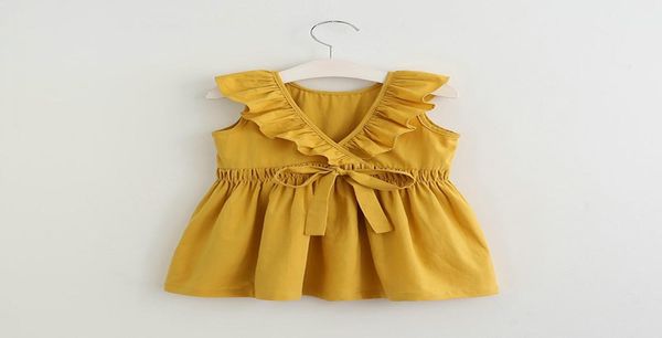 

2018 ins selling summer girl kids candy color ruffles dress kids round collar sleeveless back hollow out elegant dress 2 color3912195, Red;yellow